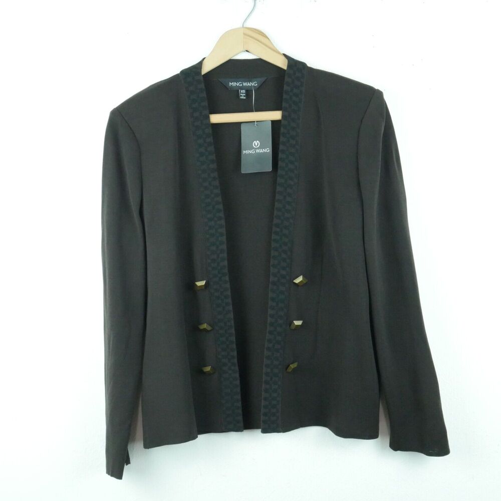 Ming Wang Womens XS Open Cardigan Career Jacket Chocolate Brown Gold Buttons